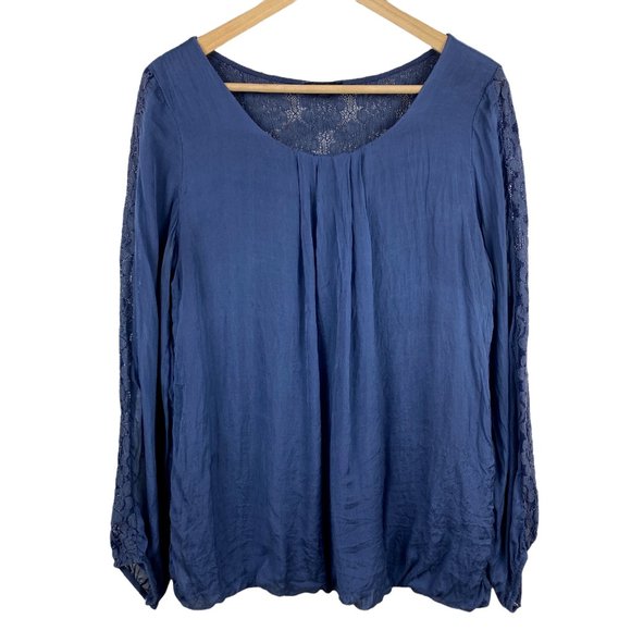 Carla Conti Italy Blouse Top‎ M Navy Blue 100% Silk Crochet Knit Lace Sheer - Picture 1 of 11